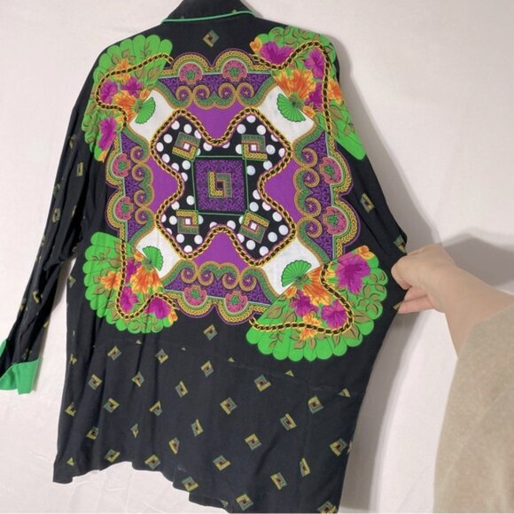 Vintage Lori Weidner Black Green Purple Bold Print Open Front Light Jacket 8 - Picture 12 of 14